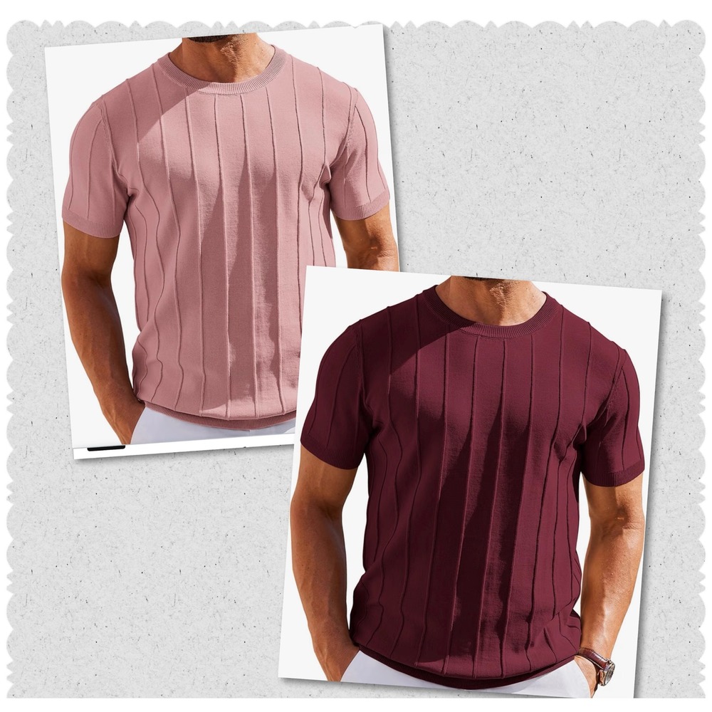 Coofandy Men's XXL Short Sleeve Knit Sweater Burgundy Salmon Ribbed (Lot Of 2)